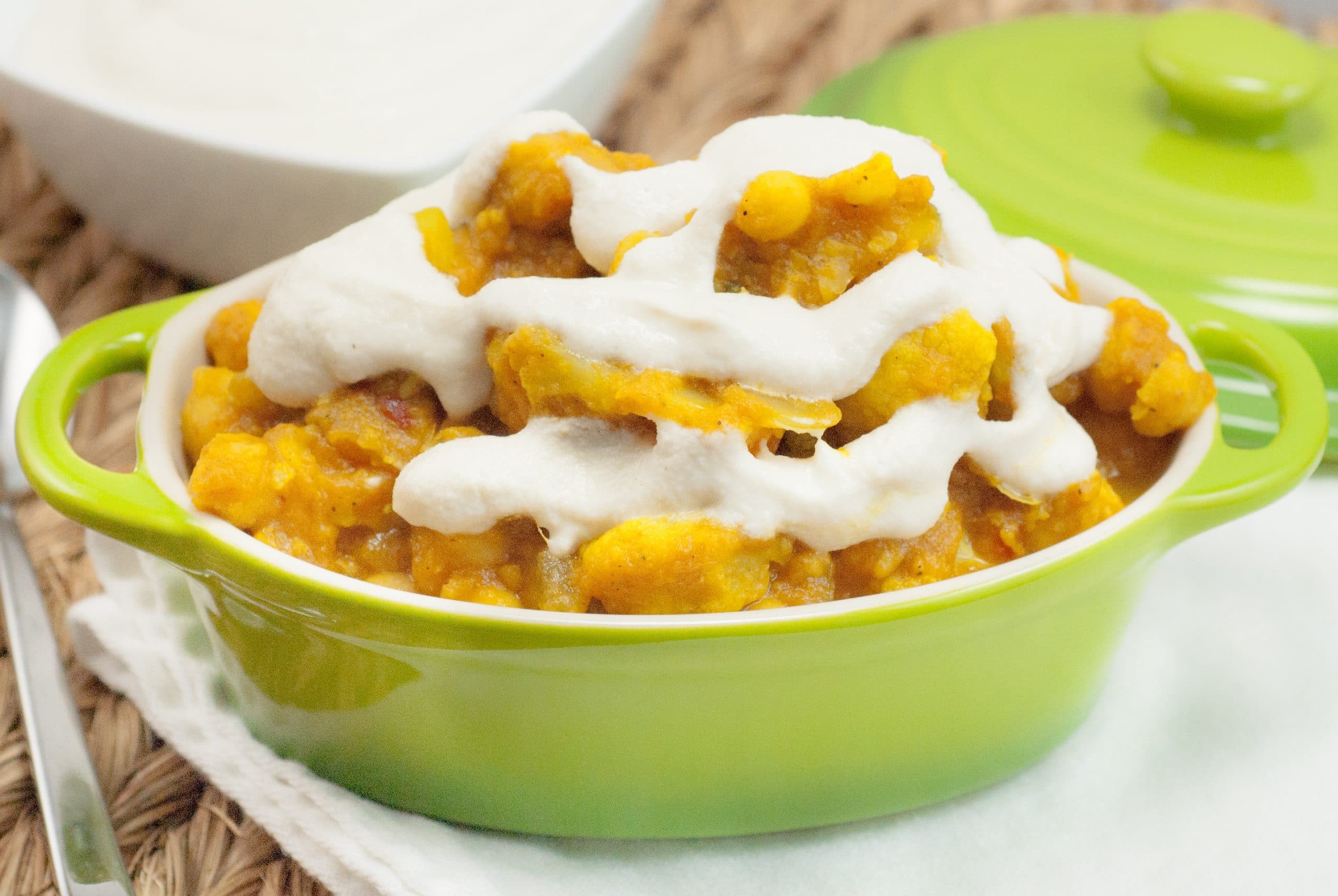 Pumpkin Chickpea Cauliflower Curry with Fresh Cream Sauce from 'Let Them Eat Vegan' by Dreena Burton, plantpoweredkitchen.com