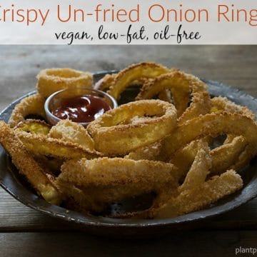 Crispy Un-fried Onion Rings #vegan #wholefoods #plantbased #onionrings #lowfat www.plantpoweredkitchen.com