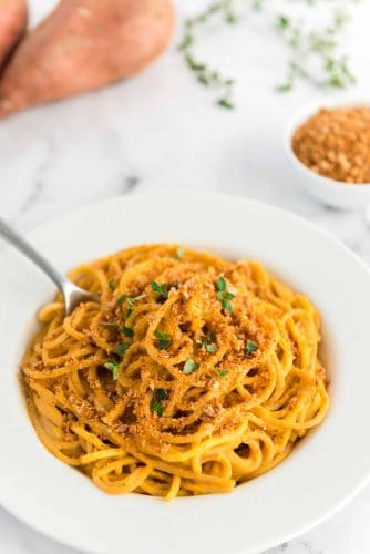 bowl sweet potato pasta sauce with noodles