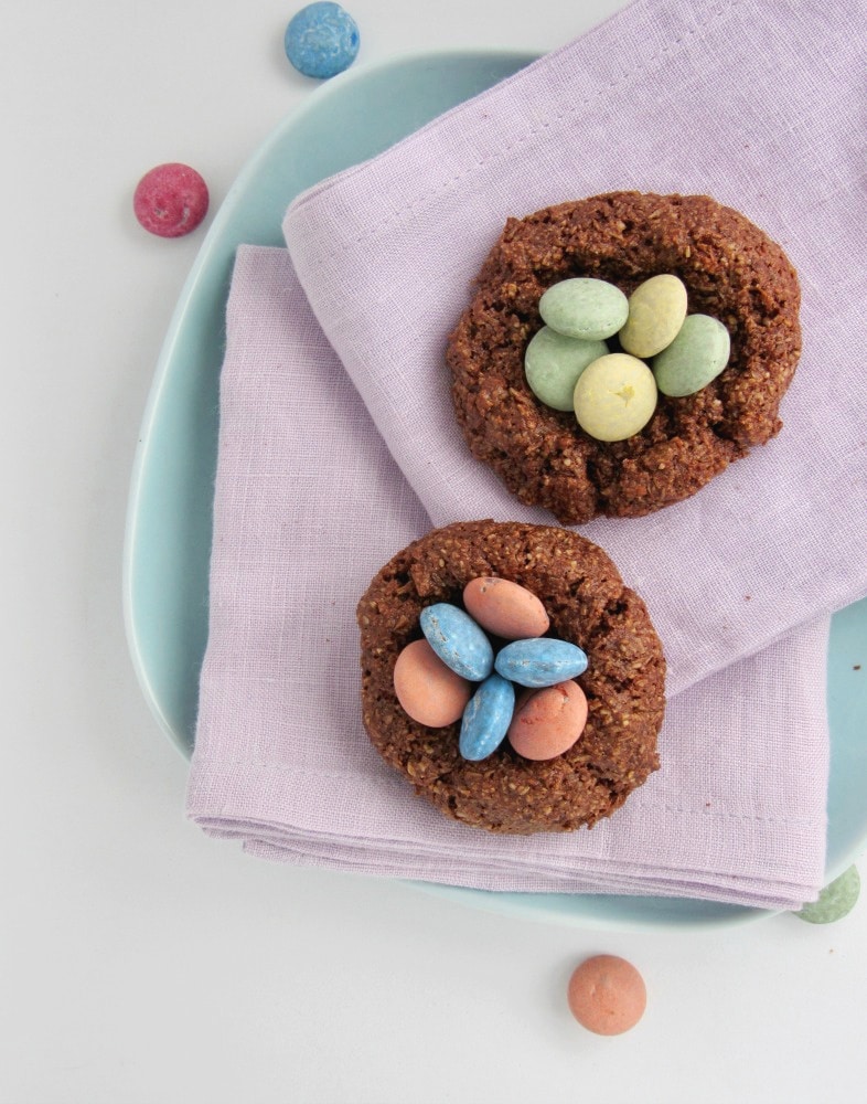 A very fun vegan Easter dessert: chocolate macaroon nests! They are chocolate macaroon cookies with vegan candy "nested" in the centre of each, to look like bird nests.